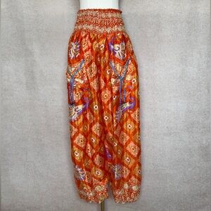 Silk Boho Harem Pants Orange Base with Intricate Paisley & Medallion Print